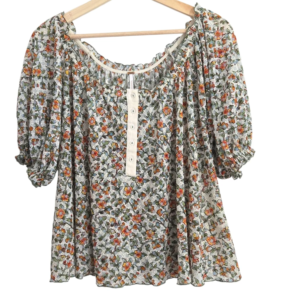 Women’s Floral Peasant Top - Cream with Orange & Green